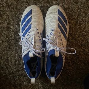 Size 13 adidas adizero cleats, blue and white. Used but new